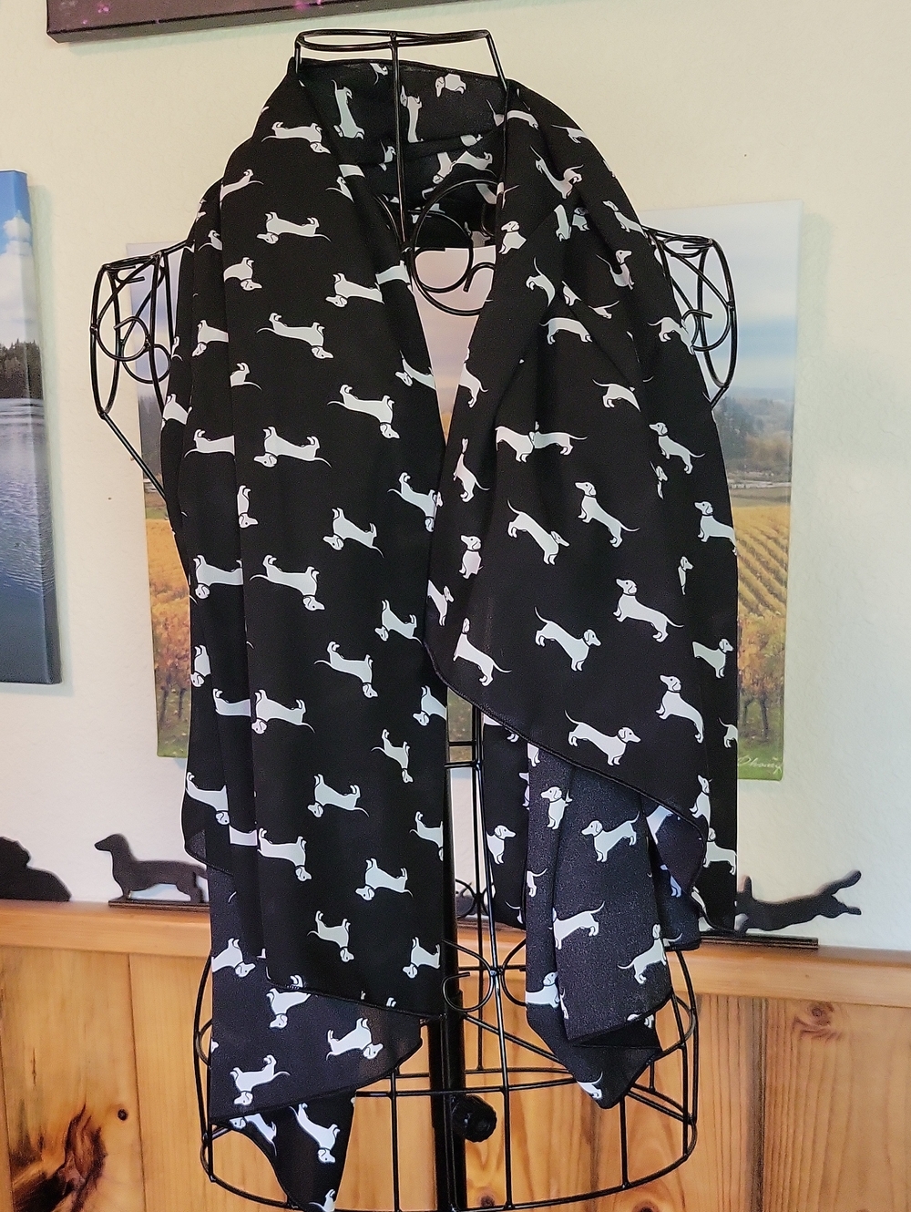 Black Scarf with White Dachshund Print